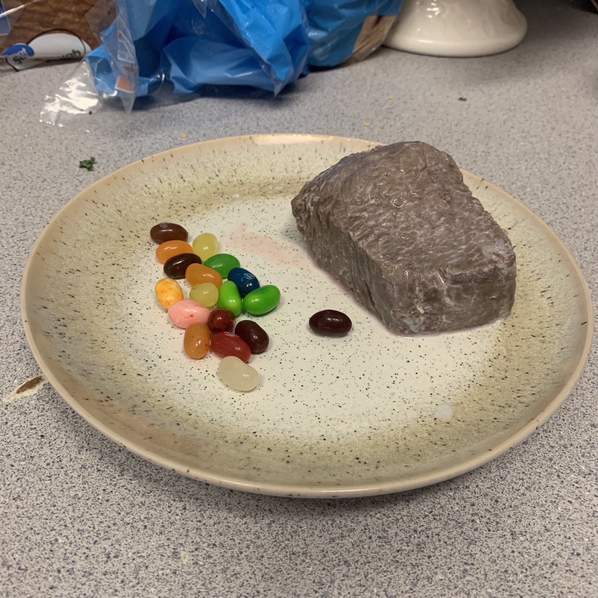 Milk steak with jelly beans